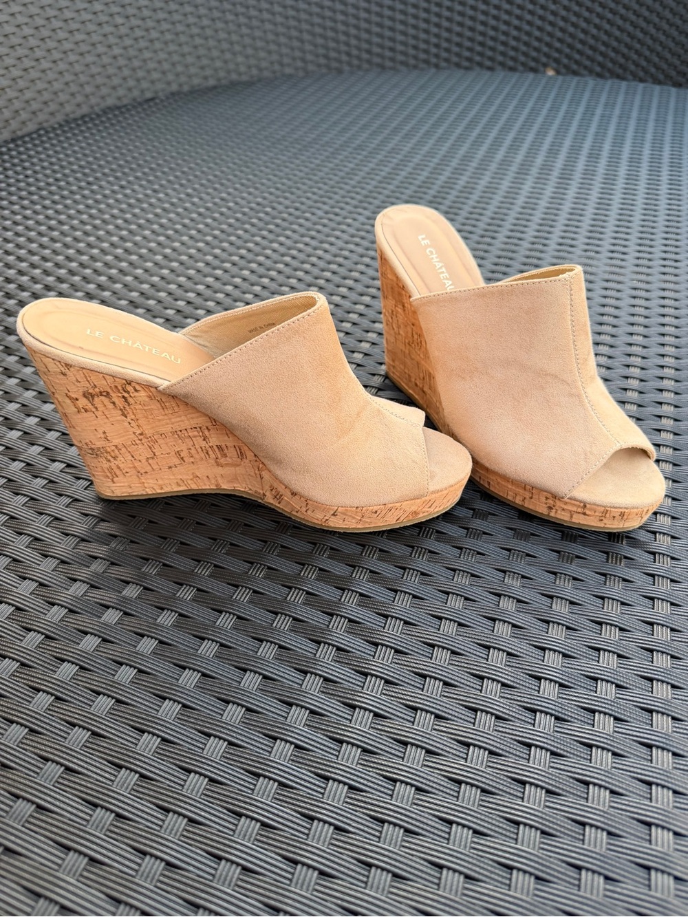 le chateau Tan Suede Cork Wedge Mules